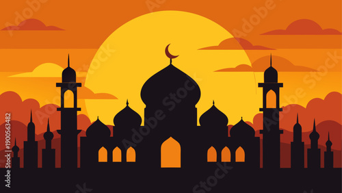 Silhouette of mosque at sunset with crescent moon