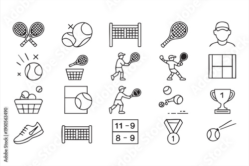Black and White Tennis Sport Icons for Training and Fitness Design