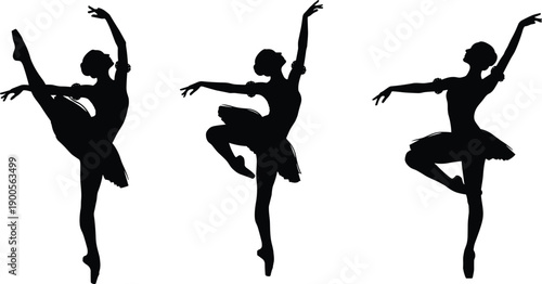 Silhouette of elegant ballerina dancing, grace beautiful woman ballet dancer performing classical moves, artistic feminine pose, isolated vector illustration on white background,