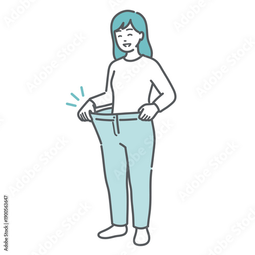 ダイエットに成功して痩せ、ズボンのウエストが緩くなって喜んでいる女性の様子