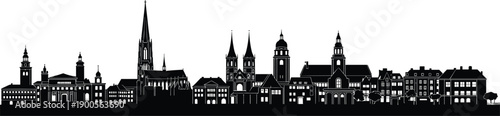 Silhouette of European city skyline with historic cathedrals and architecture, old town urban landscape, panorama of buildings for travel and tourism vector illustration