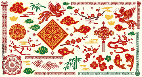 Exquisite Collection of Auspicious Chinese New Year Symbols and Traditional Decorative Elements, Perfect for Lunar Festival Celebration Designs