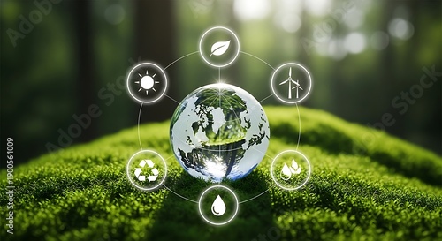 Glass globe on vibrant green moss, surrounded by icons representing renewable energy, recycling, and leaf, symbolizing a healthy, sustainable Earth.