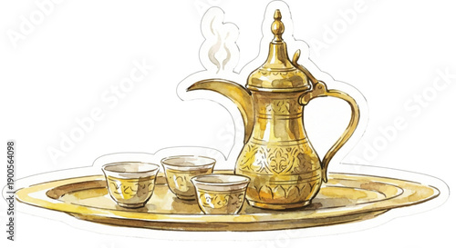 Vector watercolor sticker, traditional brass dallah coffee pot and small cups