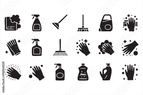 Minimal Cleaning Tools and Disinfectant Icons in Black and White