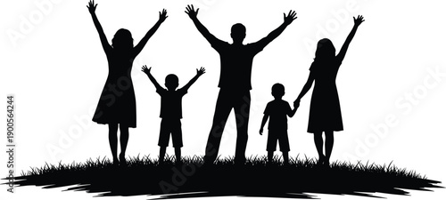 Silhouette of happy family with parents and children raising hands on grass, joyful people vector illustration isolated on white background, parenthood