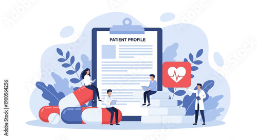Medical professionals reviewing patient profile on clipboard with health icons.