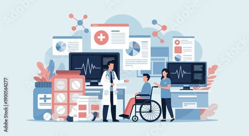 Healthcare professionals assisting a patient in a wheelchair with medical records.