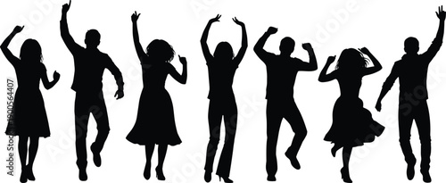 Silhouette of happy people dancing at party, group of friends celebrating success, joyful men and women jumping, isolated vector illustration on white background,