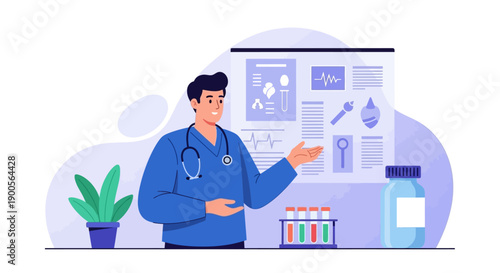 Doctor explaining medical charts and test results in a clinical setting.