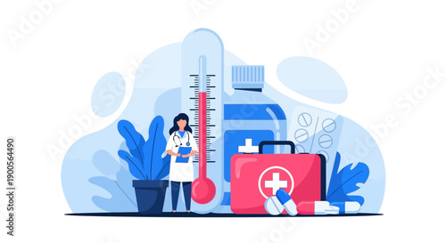 Medical professional with thermometer and first aid kit.