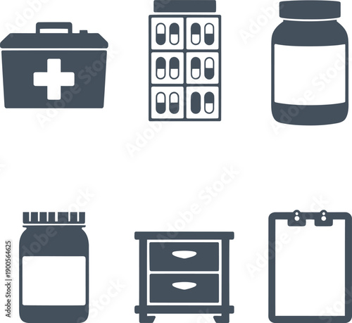 Gray medical including first aid kit and pill bottle