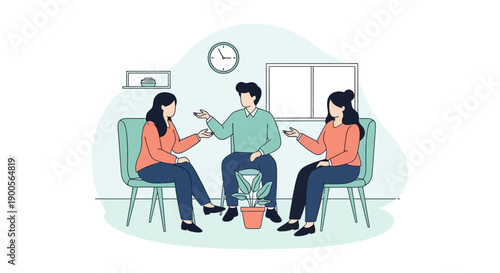 Group Therapy Session with Three Participants Engaged in Discussion.