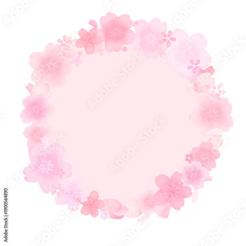 水彩風のかわいい桜の丸フレーム_内ピンク背景
