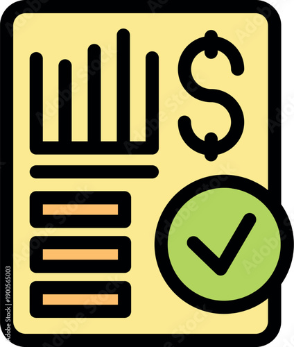 Business document with financial charts, dollar sign, and a green check mark, indicating successful performance and approval