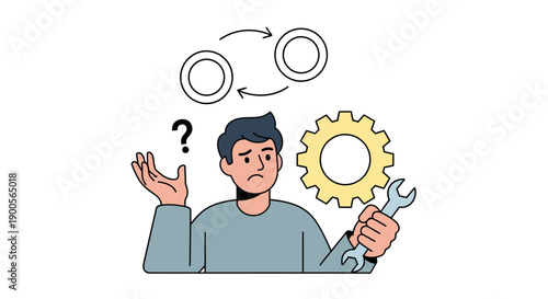 Man holding a wrench and gear with a puzzled expression.