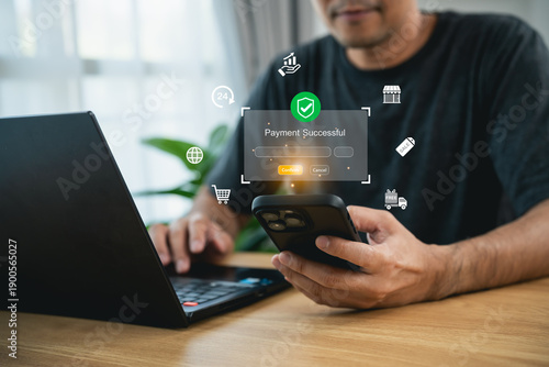 Photography Man using smartphone for mobile payment with virtual successful transaction inte