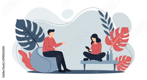 Illustration of a man and woman having a conversation in a modern setting.