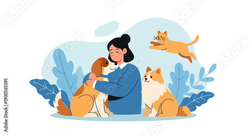 Woman surrounded by happy dogs and cat in a serene environment.
