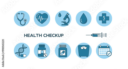 Set of Medical and Health Icons for Health Checkup, Including Stethoscope, DNA, Microscope, Syringe, Pills, and Calendar