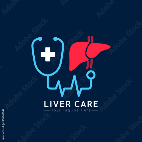 Medical health care logo design modern simple shape. White cross or plus sign in blue stethoscope and red human liver on a dark background. Vector illustration.