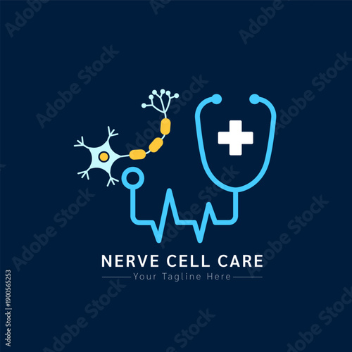 Medical health care logo design modern simple shape. White cross or plus sign in blue stethoscope and human nerve cell on a dark background. Vector illustration.