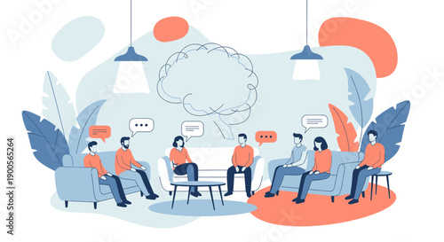 Group of people having a discussion in a modern office setting.