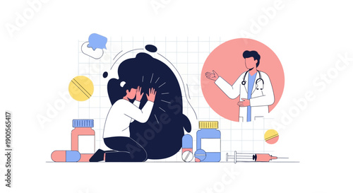 A cartoon illustration of a panda experiencing stress and a doctor offering guidance.
