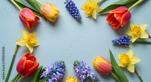 Spring Flowers Frame: Tulips, Daffodils, Hyacinths on Blue