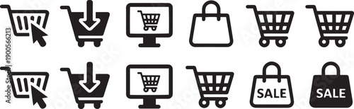 Black shopping icons set with carts bags and computer screens online shopping symbols
