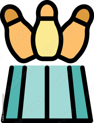 Three bowling pins are standing on a bowling lane, ready to be knocked down