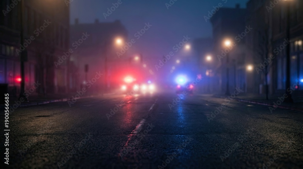 Obraz premium Blurred background showing police lights at crime scene concept. A foggy street scene illuminated by police lights at night.