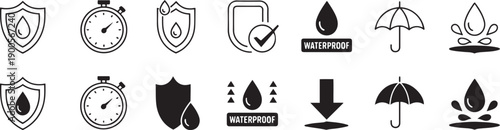 Black waterproof icons with shields and umbrellas on white background