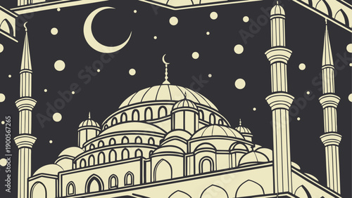 Nighttime mosque with crescent moon and stars