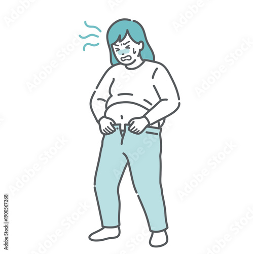 太ってズボンが入らない女性のイラスト（肥満・メタボ・産後太り）