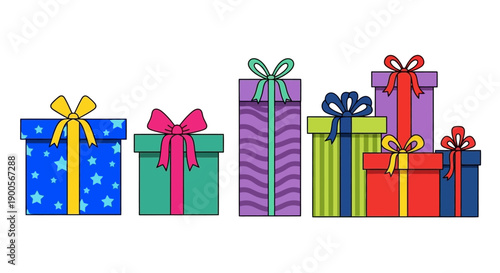 Assortment of Colorful Wrapped Gift Boxes with Ribbons, Isolated on White Background
