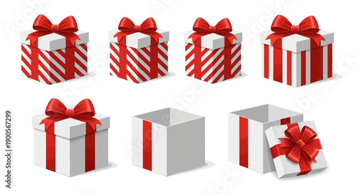 Assortment of Festive Christmas Gift Boxes with Red Ribbons on a White Background