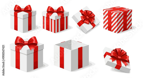 Collection of Festive Gift Boxes with Red Ribbons and Bows, Ready for Celebration