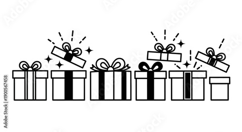 Collection of Outline Gift Boxes with Ribbons and Bows, Some Opening