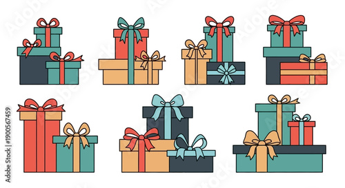 Collection of Illustrated Gift Boxes with Ribbons and Bows on White Background