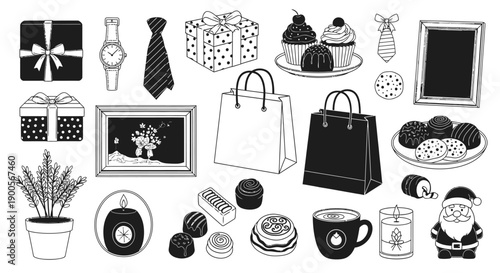 Collection of Holiday Gifts, Sweets, Decorations, and Festive Items for Celebration