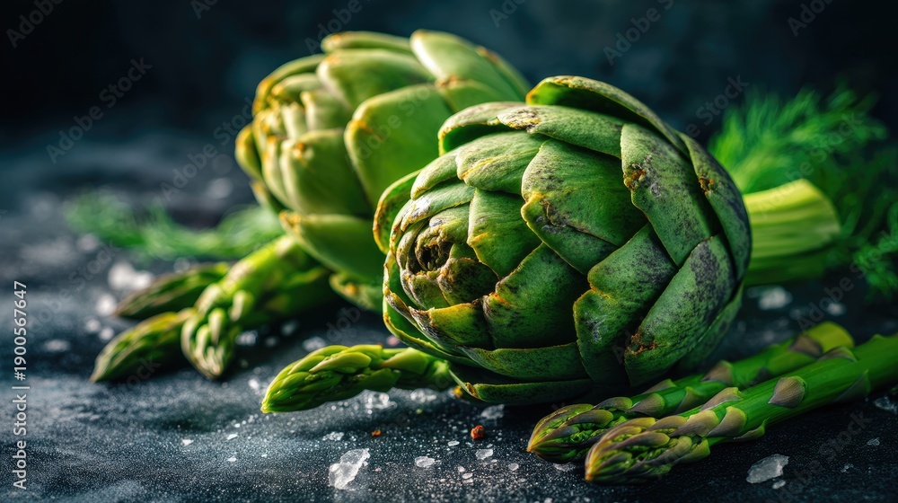 Fototapeta premium Spring Harvest Still Life: Artichokes and Asparagus with Moody Textures