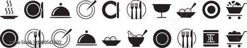 Black and white restaurant food icons on white background