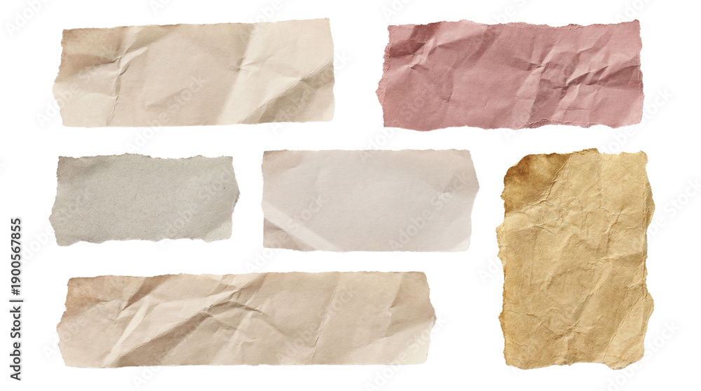 Obraz premium Set of crumpled, ripped paper pieces in beige, brown, and pink with textured edges, isolated PNG with Transparent Background