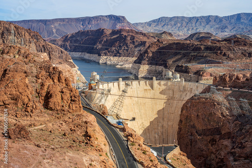 Hoover Dam view and the low water level Nevada.
