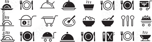 Black restaurant food icons on white background for web design