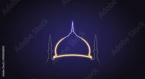 Mosque Dome Neon Light Illustration on Dark Blue Background