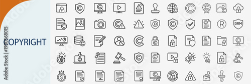 Copyright and intellectual property icon set, legal protection vector illustration