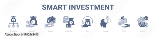 Smart Investment web banner icon vector illustration concept ,  with icon of Diversify, Capital, Assets, Portfolio, Roi, Savvy.