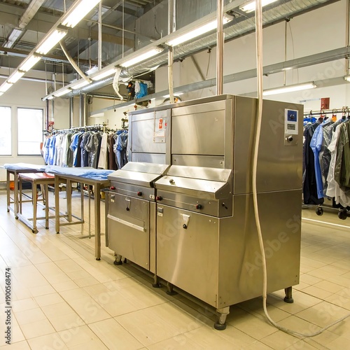 Industrial laundry equipment in a large, well-lit room